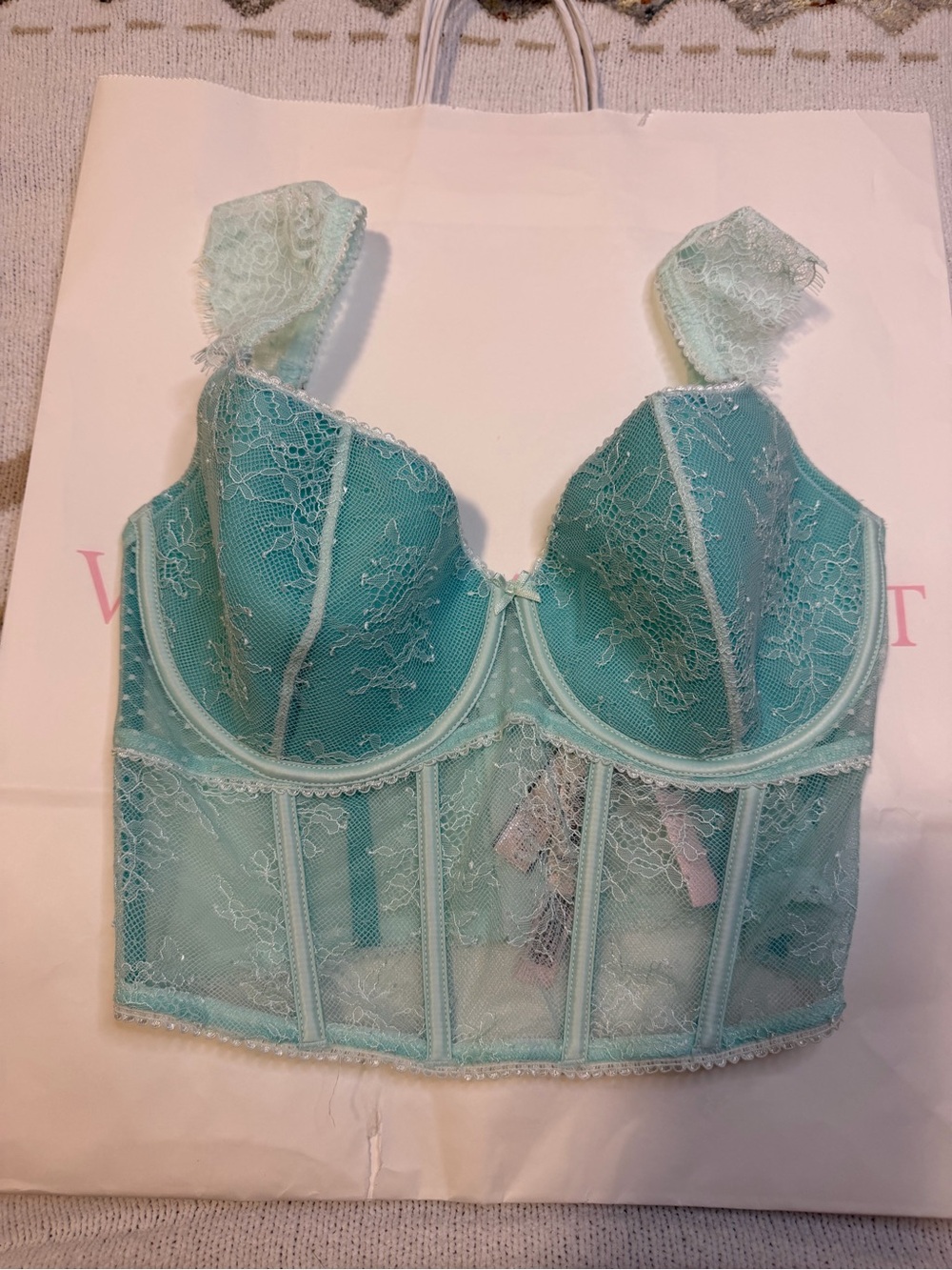 Victoria’s Secret Aqua Lace Bustier Corset Top 34DD NWT